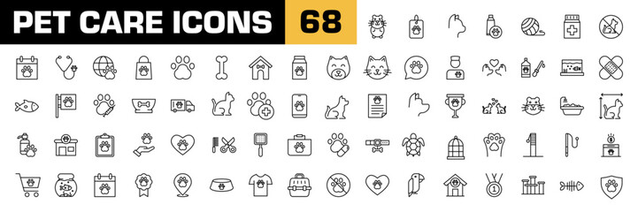 Pet care icons. Pet care vector set. Animal isolated sign. Grooming signs set. Cat nad dog line icon.