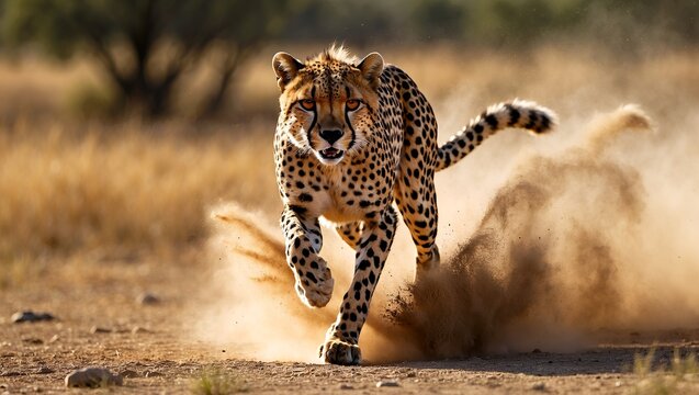 Cheetah sprinting swiftly in a dusty landscape