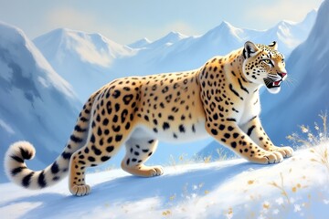Obraz premium Illustration of a snow leopard in the mountains