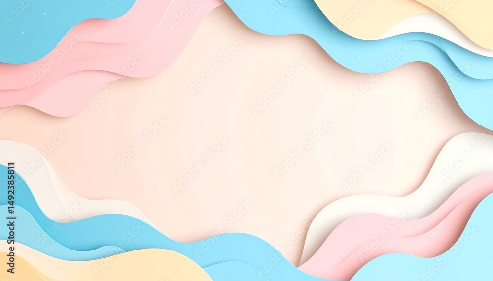 Poster a vibrant, abstract design with layered waves in pastel colors, creating a dynamic and visually appe