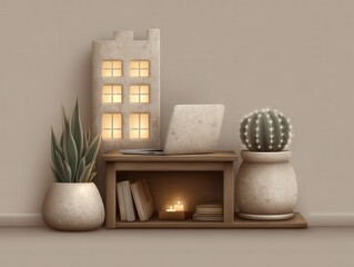 Modern workspace featuring a stylish wooden desk topped with a laptop elegant succulents and uniquely designed decorative elements creating a serene productive home office environment