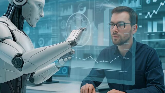 Man and android sit across a desk in calm human robot meeting, blue screens relay tasks, creative sparks lift plans through human robot trust, progress unfolds within focused human robot space.