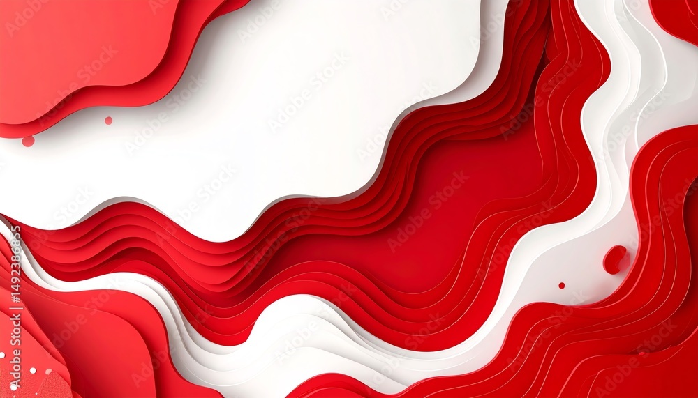Poster abstract waves of red and white paper layers create a dynamic, textured background with fluid shapes