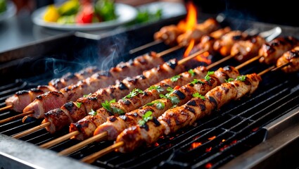 Close up of juicy souvlaki roasting on grill