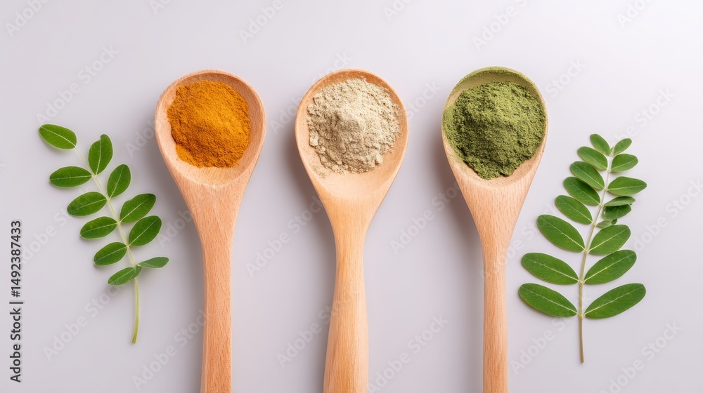 Poster three spoons with different colored powders and a leaf. the spoons are arranged in a row and the pow