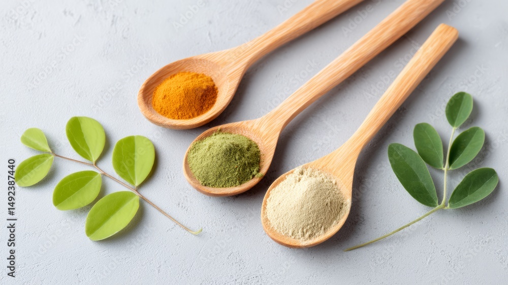 Poster three spoons of different colored powders are on a table with a leaf. the spoons are arranged in a r