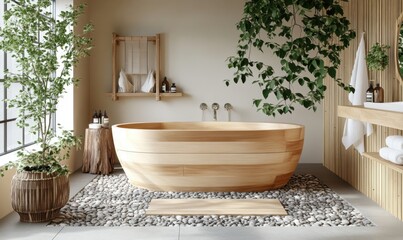 Serene wooden bathtub in minimalist bathroom