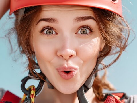 supermodel close-up after ziplining, helmet and harness straps, flushed cheeks, wide smile, isolated on sky blue background