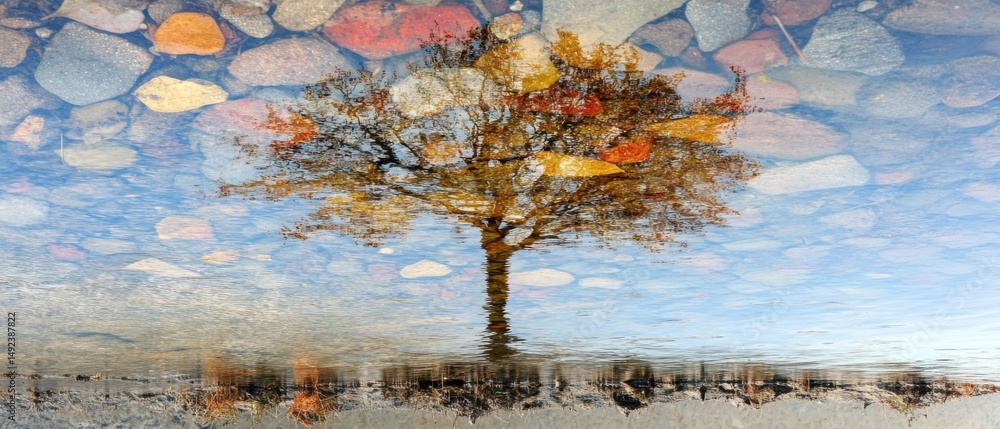 Poster autumn tree reflection in water with rocks above and below in a tranquil scene at a low angle