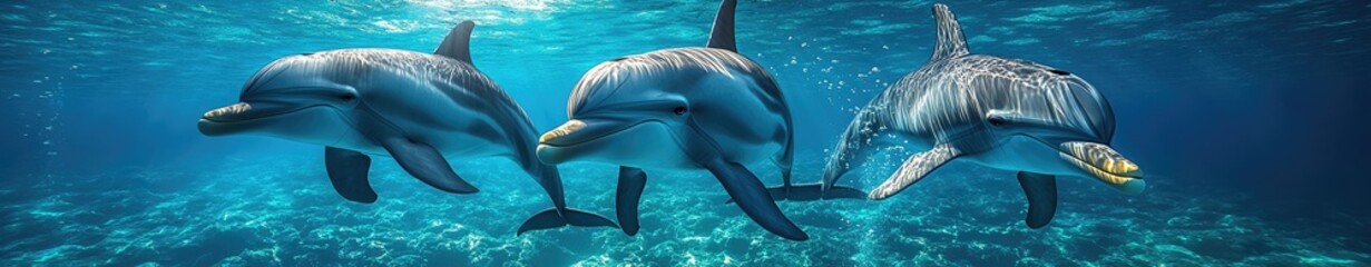 Obraz premium Three dolphins gracefully swimming underwater.