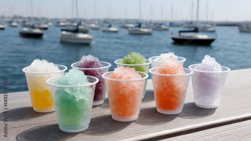 Poster row of cups with different colored ice cream in them. the cups are lined up on a table next to a bod