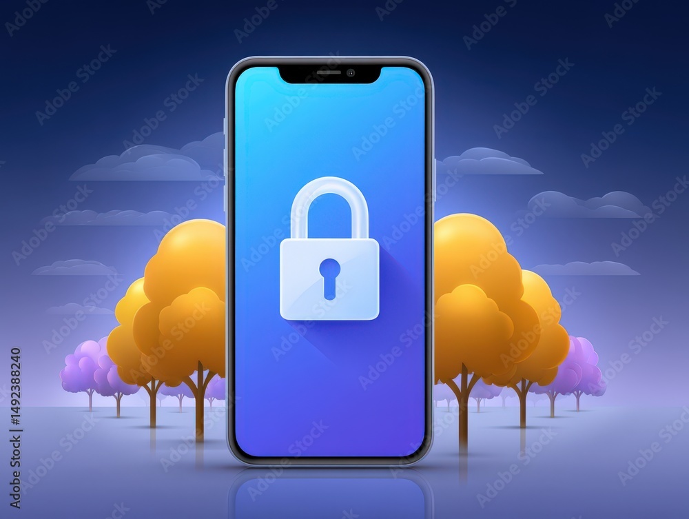 Poster digital security concept illustrates smartphone screen displaying a classic padlock symbol set again