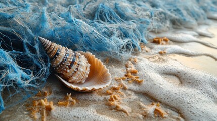 Seashells on the sandy shore captured in soft light with sea foam artistic beach composition scenic view