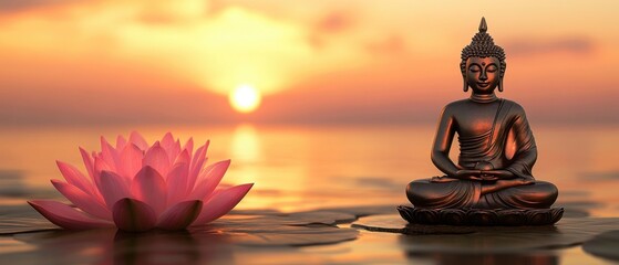 Buddha statue meditating with lotus flower at sunset, serene spiritual zen scene, peaceful bronze figure in lotus position, golden hour light