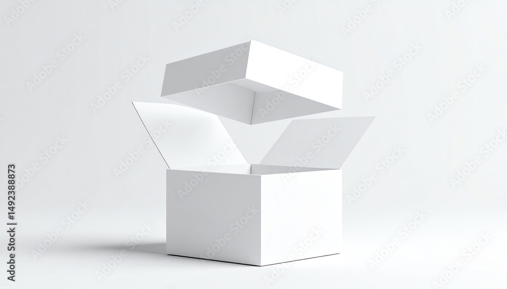 Poster a minimalistic image featuring a white box with one lid slightly open above it, creating a sense of 