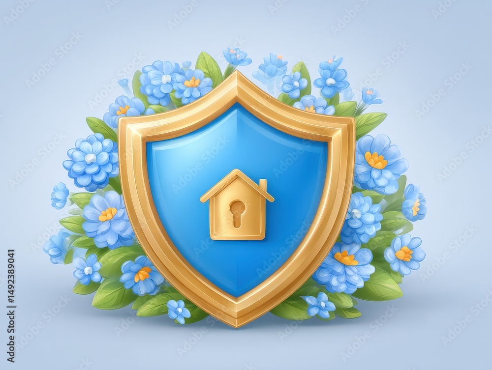 Poster secure your digital presence with a protective shield symbolizing home safety and blooming flowers r