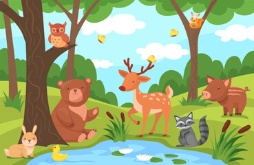 Cartoon animals in forest nature. Cute wild animal scene woodland landscape, squirrel bear fox wood trees wildlife background childish beautiful wallpaper, neat vector illustration