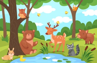  Cartoon animals in forest nature. Cute wild animal scene woodland landscape, squirrel bear fox wood trees wildlife background childish beautiful wallpaper, neat vector illustration © ssstocker