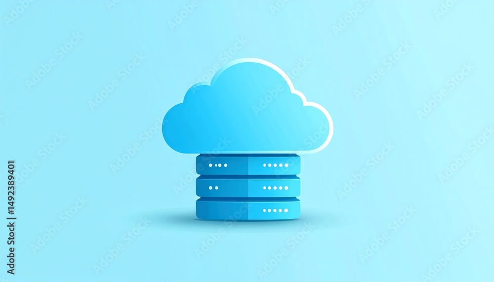 Poster a stylized cloud icon above three stacked server units, representing cloud computing and data storag