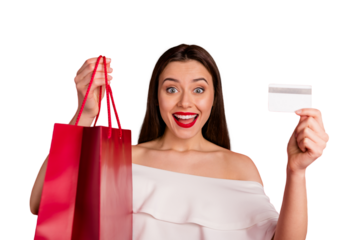 Close up photo of impressed youth having bags debit card wearing off-shoulders screaming wow omg isolated over red background