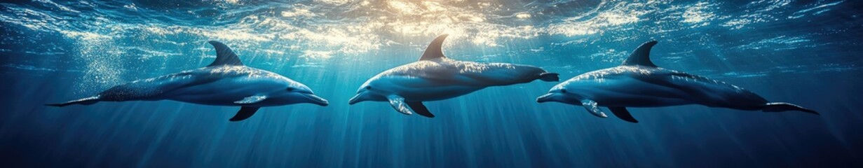Fototapeta premium Three dolphins gracefully swimming in deep water.