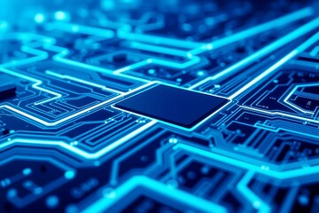 High-Tech Futuristic Circuit Board Background in Blue Tones – Ultra Realistic Clean Technology Wallpaper Featuring Glowing Digital Lines and Abstract PCB Design – 8K Ultra HD Image. 3d illustration 