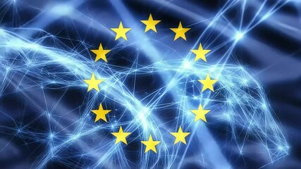 European union flag waving with futuristic digital network grid - Powered by Adobe