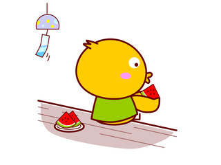 縁側でスイカを食べるひよこ