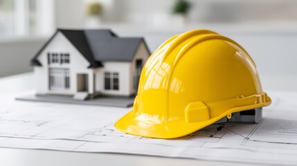 Yellow hard hat sits on top of a drawing of a house. The hat is placed on a table next to the drawing