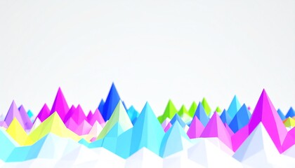 A colorful abstract landscape featuring sharp, geometric mountain shapes in vibrant hues of blue, pink, green, and yellow against a light background