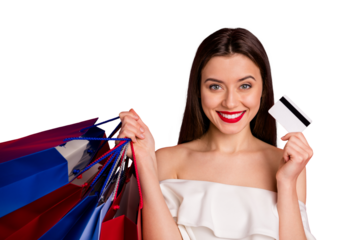 Close up photo of charming lady holding credit card bags looking smiling isolated over red background