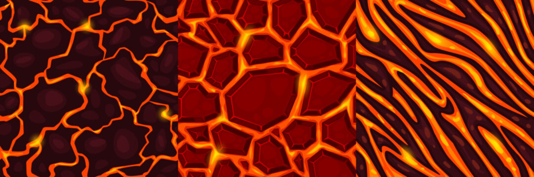Cartoon lava textures. Molten volcanic magma texture seamless pattern, volcano eruption fissure surface top view hell fire 2d game hot rock burnt earth swanky vector illustration