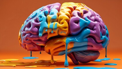 Colorful brain sculpture with melting paint effect