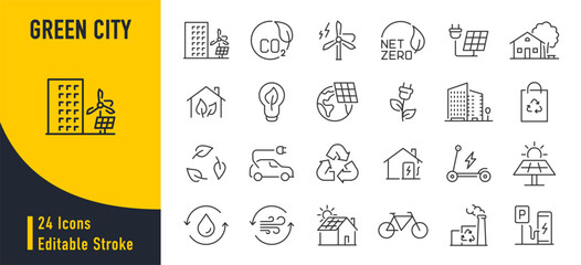 Green city web icons in line style. Green energy, autonomous building, efficient, environment, recycle technology, renewable solar, collection. Vector illustration.