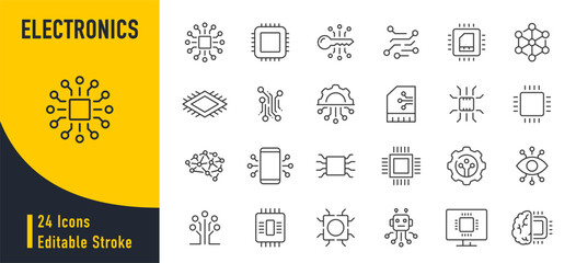 Electronics web icons in line style. Smart robotic, chip, ai, bot, network, collection. Vector illustration.