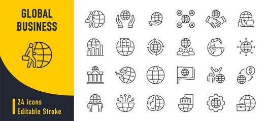 Global Business web icons in line style. Banking, logistics, transport, partnership, communication, collection. Vector illustration.