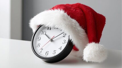 Black clock with a red hat on top of it. The hat is covering the numbers on the clock