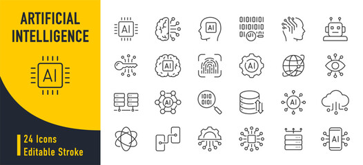 Artificial Intelligence web icons in line style. Innovation technology, machine, robot, bot, brain, collection. Vector illustration.