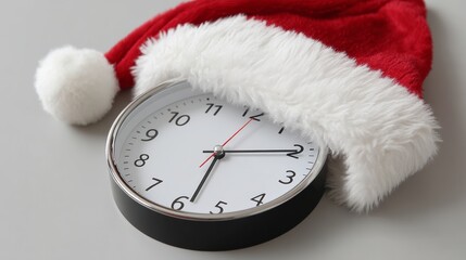Clock with a red hat on top of it. The hat is covering the clock face. The clock is showing the time as 10:30