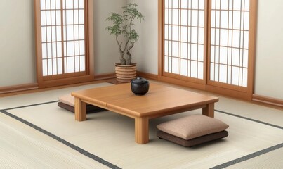 Tranquil Japanese-style room, low table, tatami mats, shoji screens, zen interior, home decor
