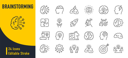 Naklejka premium Brainstorming web icons in line style. Brain, idea, smart, creativity, skill, collection. Vector illustration.