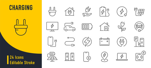 Charging web icons in line style. Charging, charging station, battery, electricity, wireless charging, electric car, collection. Vector illustration.