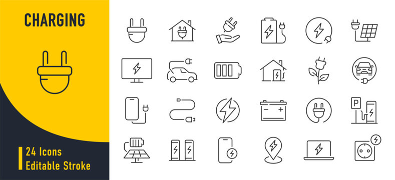 Charging web icons in line style. Charging, charging station, battery, electricity, wireless charging, electric car, collection. Vector illustration.