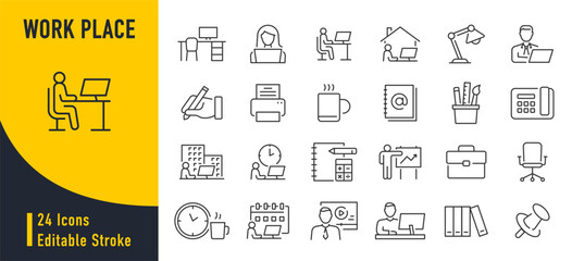 Work place web icons in line style. Online meeting, office chair, table, remote work, homework, pen, collection. Vector illustration.