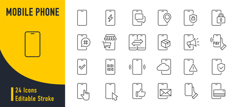Mobile phone web icons in line style. Smartphone, telephone, call, chat, voice, message, mail, pay, pin, live, collection. Vector illustration.