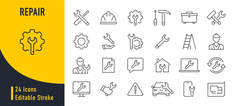 Repair web icons in line style. Engineer, maintenance, tools, support, collection. Vector illustration.