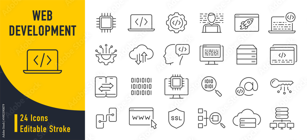 Poster web development web icons in line style. programming, code, mobile app, developer, management, seo, 