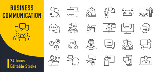 Business communication web icons in line style. Support, meeting, partnership, business people, audience, briefing, plan, collection. Vector illustration.