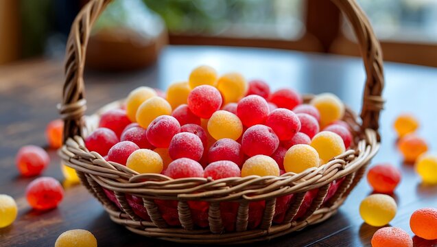 Colorful jujubes in a charming basket on table