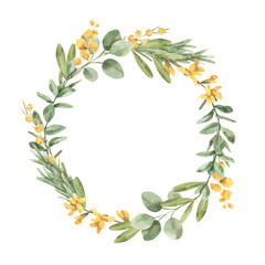 Floral wreath. Watercolor round border with different green leaves, sprigs and yellow flowers. Template for wedding invitation or greeting card